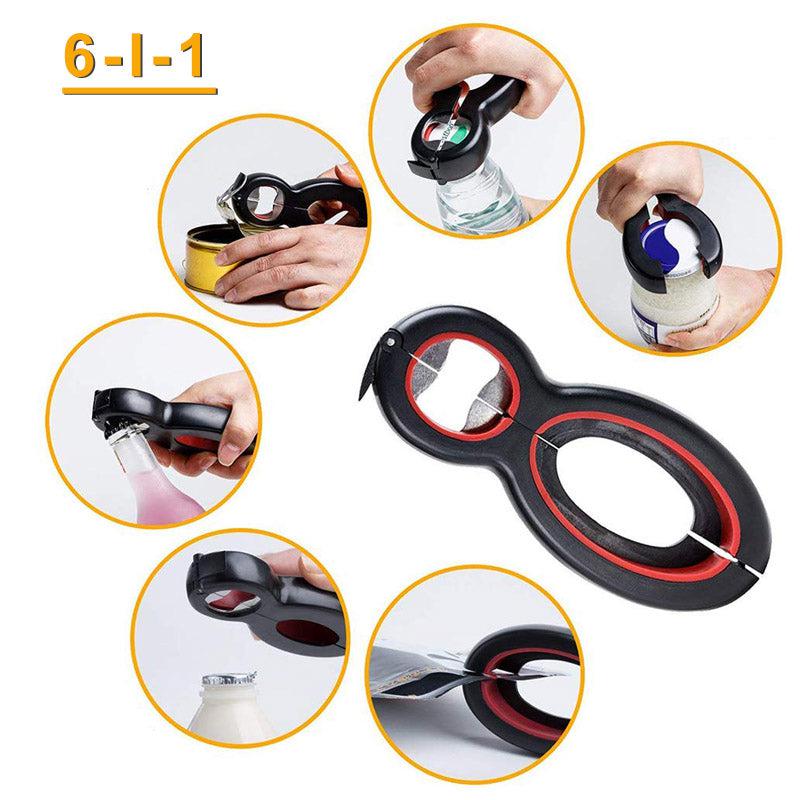 6-in-1 multifunctional bottle opener - easily open jars &amp; bottles