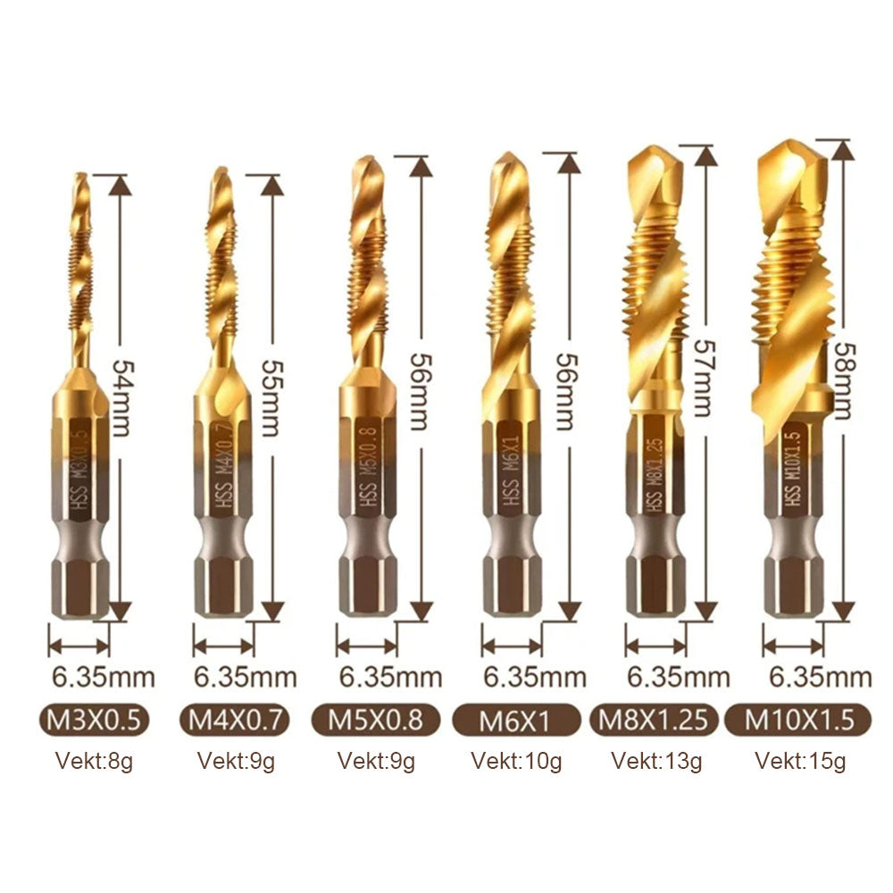 6 pcs drill bits with threaded pin - complete set for drilling