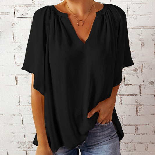 V-neck half-sleeved blouse - single-coloured and versatile