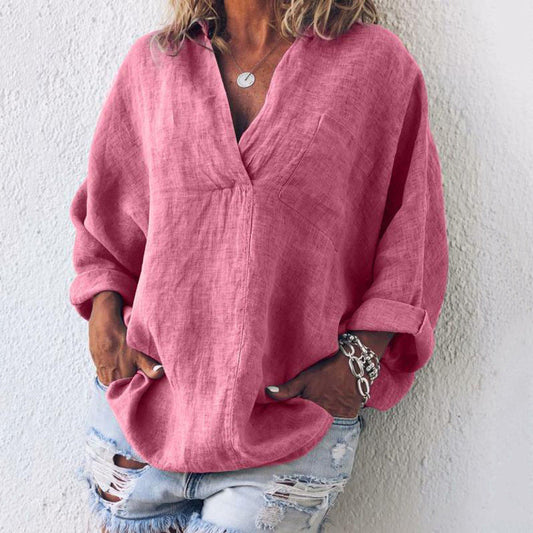 V-neck long-sleeved blouse - solid color with pocket