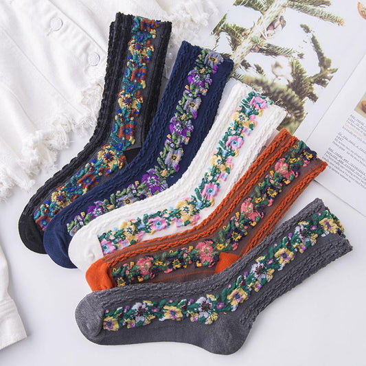 Vintage floral socks with embroidery - 5 pairs